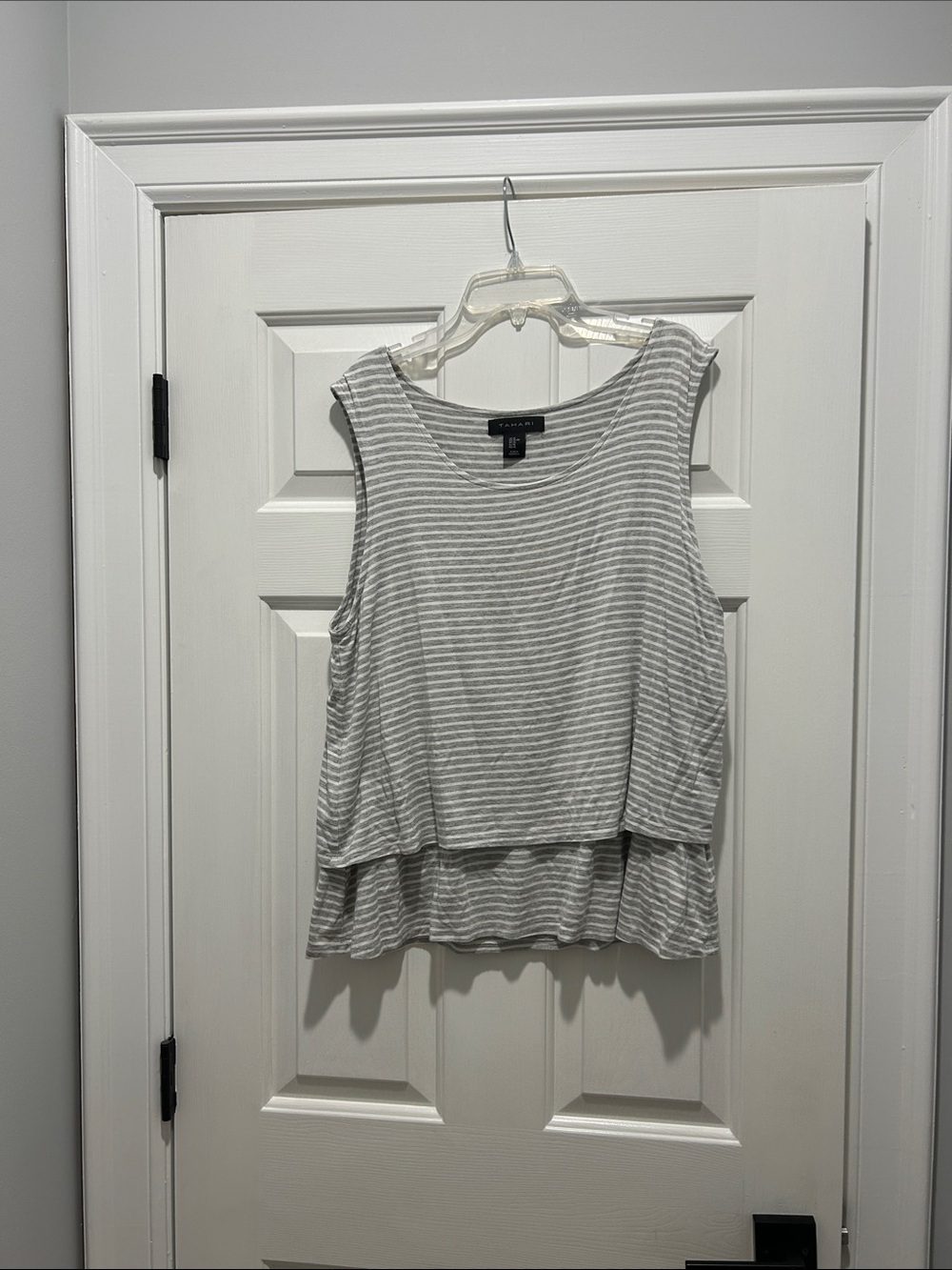 Tahari Gray & White Striped Layered Tank